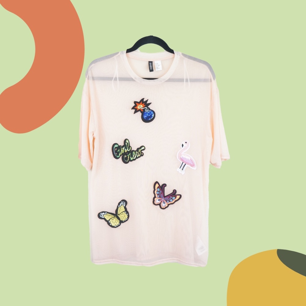 NWOT - H&M DIVIDED Mesh/Sheer Oversized Top with Patches